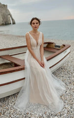 A-Line Tulle Gorgeous Deep V-Neck Open Back Double Layers Elegant Floor Length Long Dress With Sequin Sexy