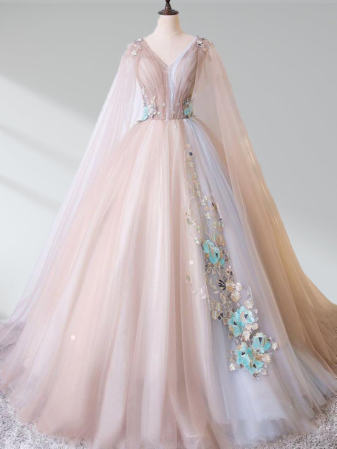 A Line Tulle Khaki Embroidery Appliqued Long Dresses