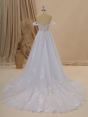 A-line Tulle Off-the-Shoulder Appliques Lace Cathedral Train Corset Wedding Dress