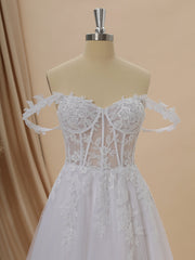 A-line Tulle Off-the-Shoulder Appliques Lace Cathedral Train Corset Wedding Dress