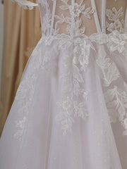 A-line Tulle Off-the-Shoulder Appliques Lace Cathedral Train Corset Wedding Dress