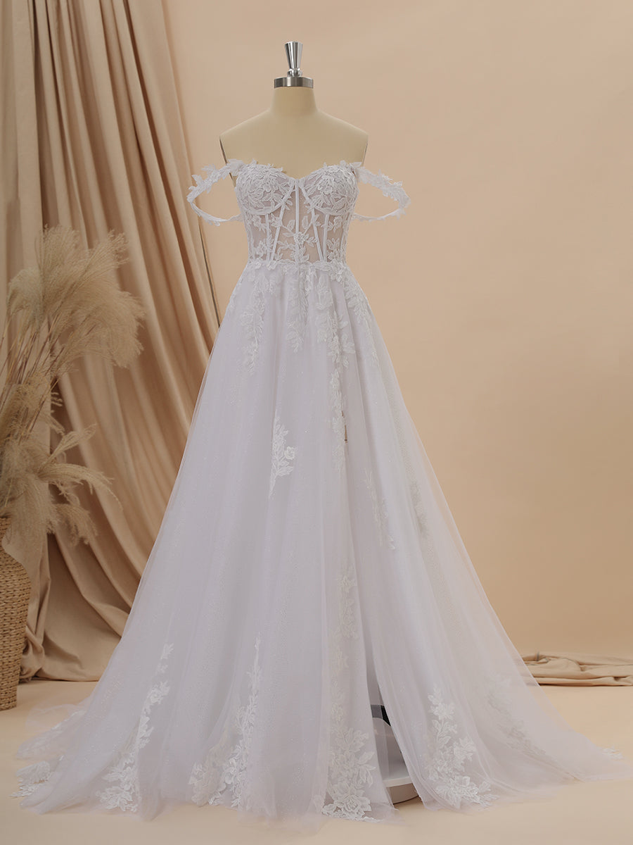 A-line Tulle Off-the-Shoulder Appliques Lace Cathedral Train Corset Wedding Dress