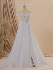 A-line Tulle Off-the-Shoulder Appliques Lace Cathedral Train Corset Wedding Dress