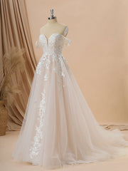 A-line Tulle Off-the-Shoulder Appliques Lace Cathedral Train Wedding Dress