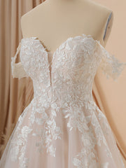 A-line Tulle Off-the-Shoulder Appliques Lace Cathedral Train Wedding Dress