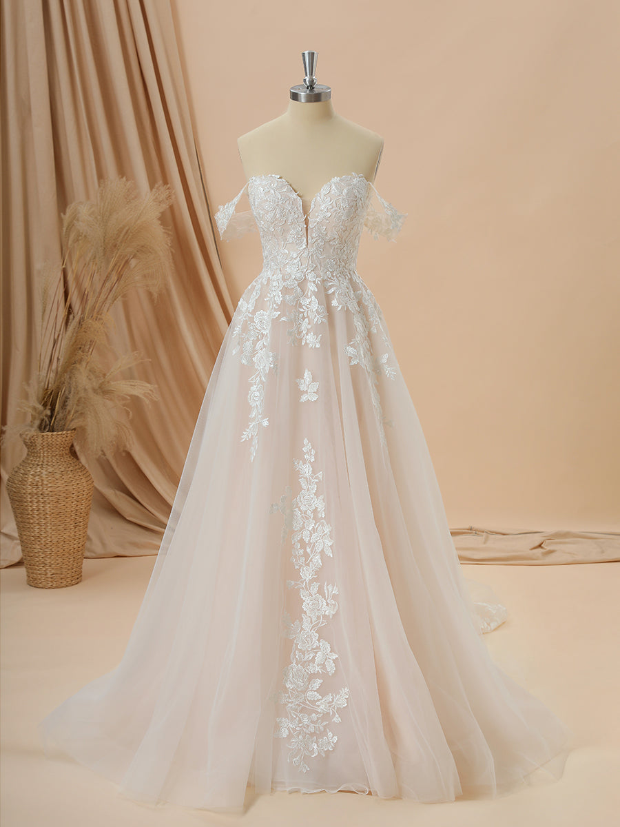 A-line Tulle Off-the-Shoulder Appliques Lace Cathedral Train Wedding Dress