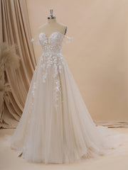 A-line Tulle Off-the-Shoulder Appliques Lace Chapel Train Wedding Dress
