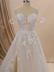 A-line Tulle Off-the-Shoulder Appliques Lace Chapel Train Wedding Dress
