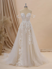 A-line Tulle Off-the-Shoulder Appliques Lace Chapel Train Wedding Dress