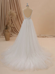 A-line Tulle Spaghetti Straps Appliques Lace Chapel Train Corset Wedding Dress