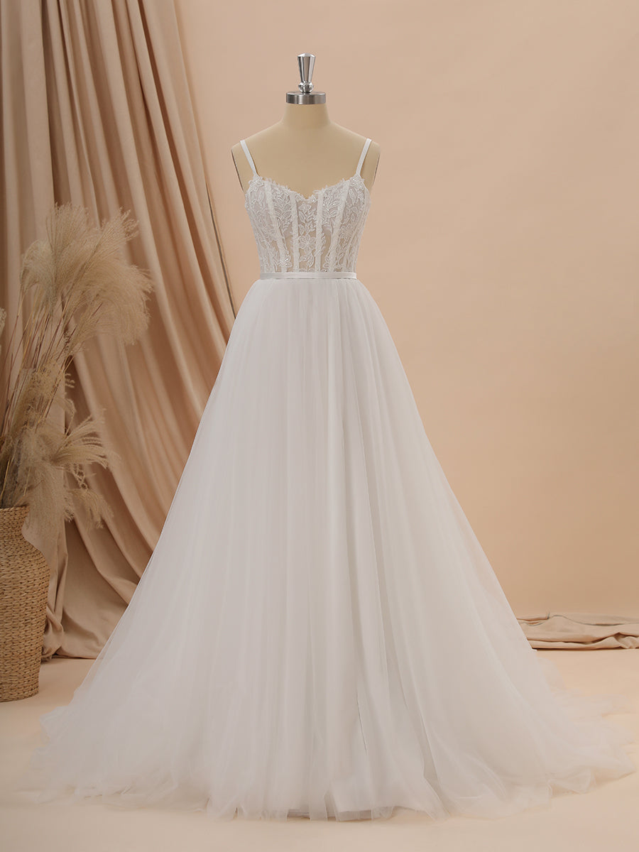 A-line Tulle Spaghetti Straps Appliques Lace Chapel Train Corset Wedding Dress
