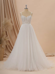 A-line Tulle Spaghetti Straps Appliques Lace Chapel Train Corset Wedding Dress