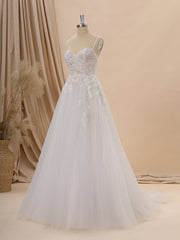 A-line Tulle Spaghetti Straps Appliques Lace Court Train Corset Wedding Dress