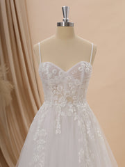 A-line Tulle Spaghetti Straps Appliques Lace Court Train Corset Wedding Dress