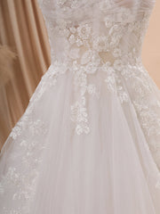 A-line Tulle Spaghetti Straps Appliques Lace Court Train Corset Wedding Dress