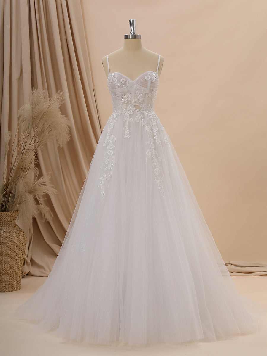 A-line Tulle Spaghetti Straps Appliques Lace Court Train Corset Wedding Dress