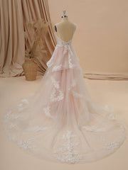 A-line Tulle Straps Appliques Lace Chapel Train Corset Wedding Dress