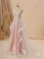 A-line Tulle Straps Appliques Lace Chapel Train Corset Wedding Dress