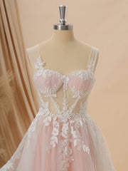 A-line Tulle Straps Appliques Lace Chapel Train Corset Wedding Dress