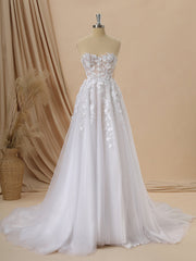 A-line Tulle Sweetheart Appliques Lace Cathedral Train Corset Wedding Dress