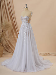A-line Tulle Sweetheart Appliques Lace Cathedral Train Corset Wedding Dress