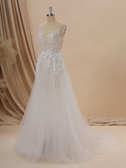 A-line Tulle V-neck Appliques Lace Chapel Train Wedding Dress