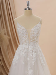 A-line Tulle V-neck Appliques Lace Chapel Train Wedding Dress