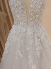 A-line Tulle V-neck Appliques Lace Chapel Train Wedding Dress