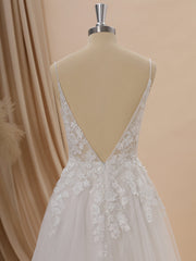 A-line Tulle V-neck Appliques Lace Chapel Train Wedding Dress