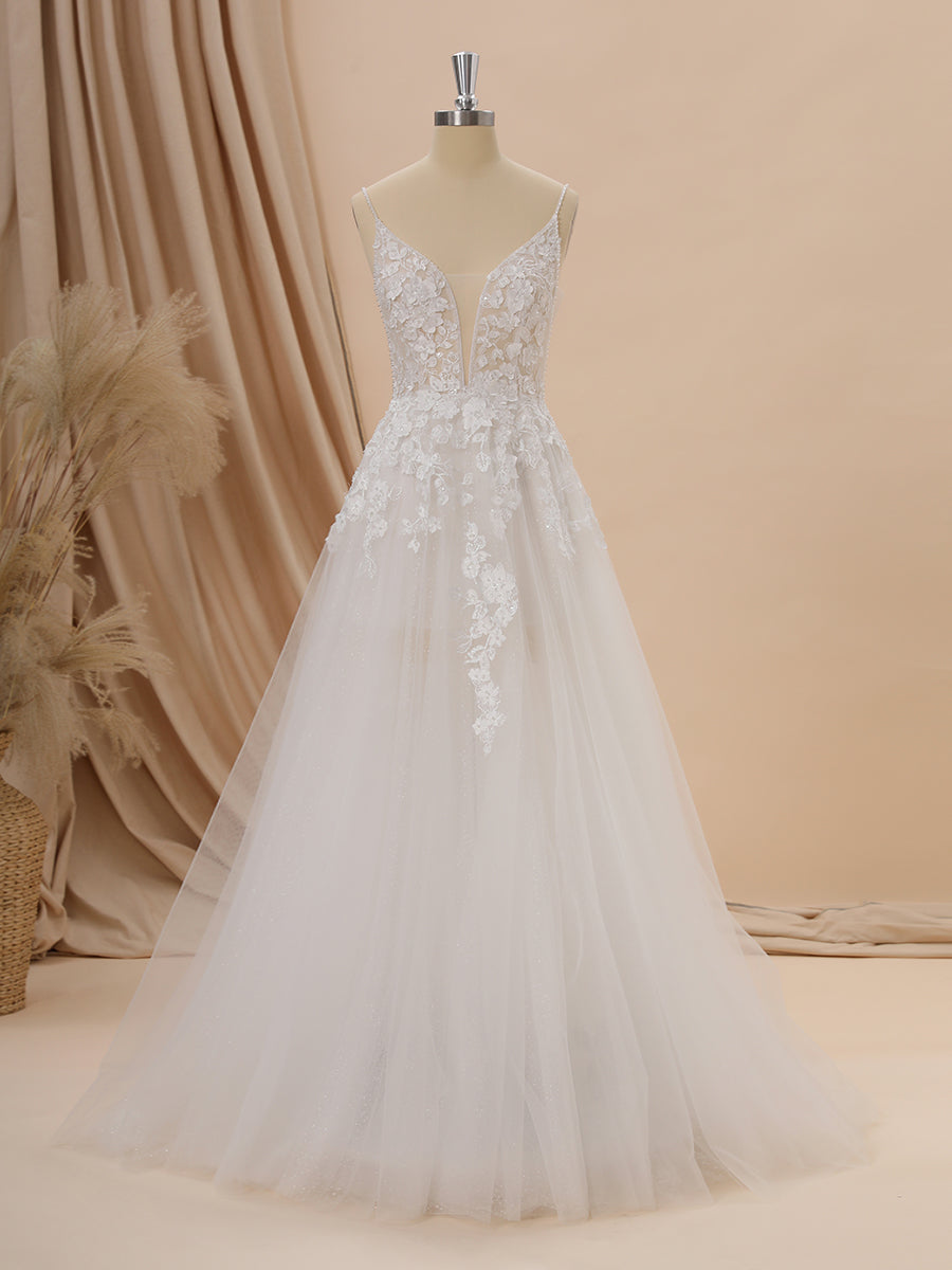 A-line Tulle V-neck Appliques Lace Chapel Train Wedding Dress