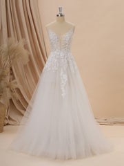 A-line Tulle V-neck Appliques Lace Chapel Train Wedding Dress