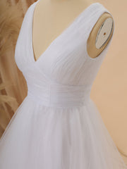 A-line Tulle V-neck Pleated Asymmetrical Wedding Dress