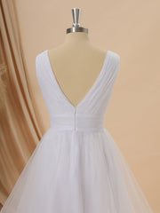 A-line Tulle V-neck Pleated Asymmetrical Wedding Dress