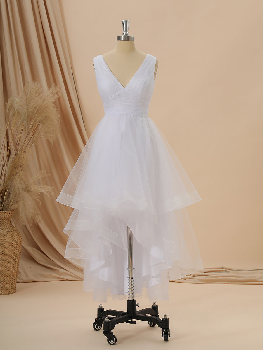 A-line Tulle V-neck Pleated Asymmetrical Wedding Dress