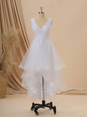 A-line Tulle V-neck Pleated Asymmetrical Wedding Dress