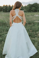 Two Pieces A Line Lace White Wedding Dresses With Pockets