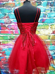 Une ligne V cou de couche de lace rouge foncé robes de bal, robes de retour formelles en dentelle rouge foncé