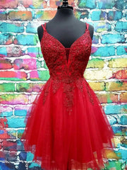 Une ligne V cou de couche de lace rouge foncé robes de bal, robes de retour formelles en dentelle rouge foncé
