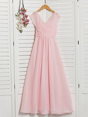 A-Line V Neck Floor Length Chiffon Junior Flower Girl Dress With Ruffles Ruching for Weddings and Parties