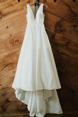 A-line Simple Elegant V Neck Ivory Satin Wedding Dresses
