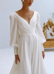 A-Line V-Neck Long Sleeves Chiffon Wedding Dresses With Beading Elegant