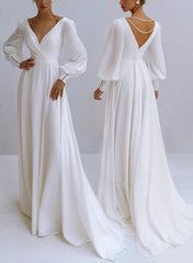 A-Line V-Neck Long Sleeves Chiffon Wedding Dresses With Beading Elegant