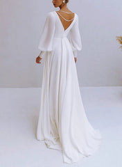 A-Line V-Neck Long Sleeves Chiffon Wedding Dresses With Beading Elegant