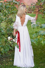 A-Line V-Neck Long Sleeves Satin Wedding Dress with Lace
