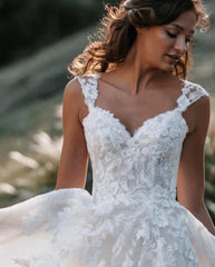 A-line V-neck Long Wedding Dress With Tulle Backless and Lace
