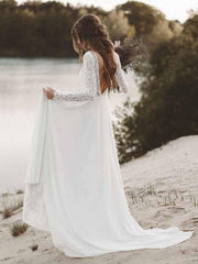 A-Line V Neck Open Back Lace Wedding Dresses
