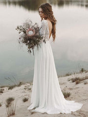 A-Line V Neck Open Back Lace Wedding Dresses