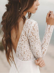 A-Line V Neck Open Back Lace Wedding Dresses