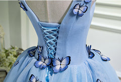 Une ligne V cou de cou courte robes de bal bleu avec papillon, robes de retour à la maison bleu et bleu courts