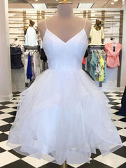 Une ligne V cou de cou courte robes de bal blanches, courtes robes de retour formelles en dentelle blanche